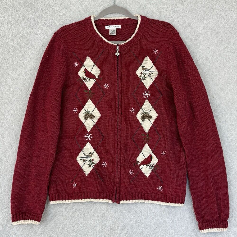 Vtg Holiday Sweater Womens L Red Full Zip Christmas Winter Bird Cardinal Grandma